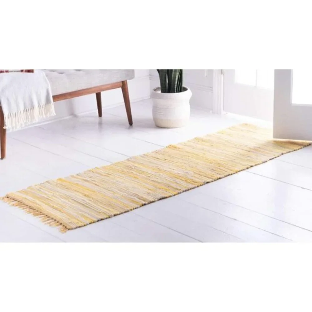 New Chindi Cotton Hand-Woven Rug, 2.7 x 9.10 ft Striped Natural Fiber, Yellow